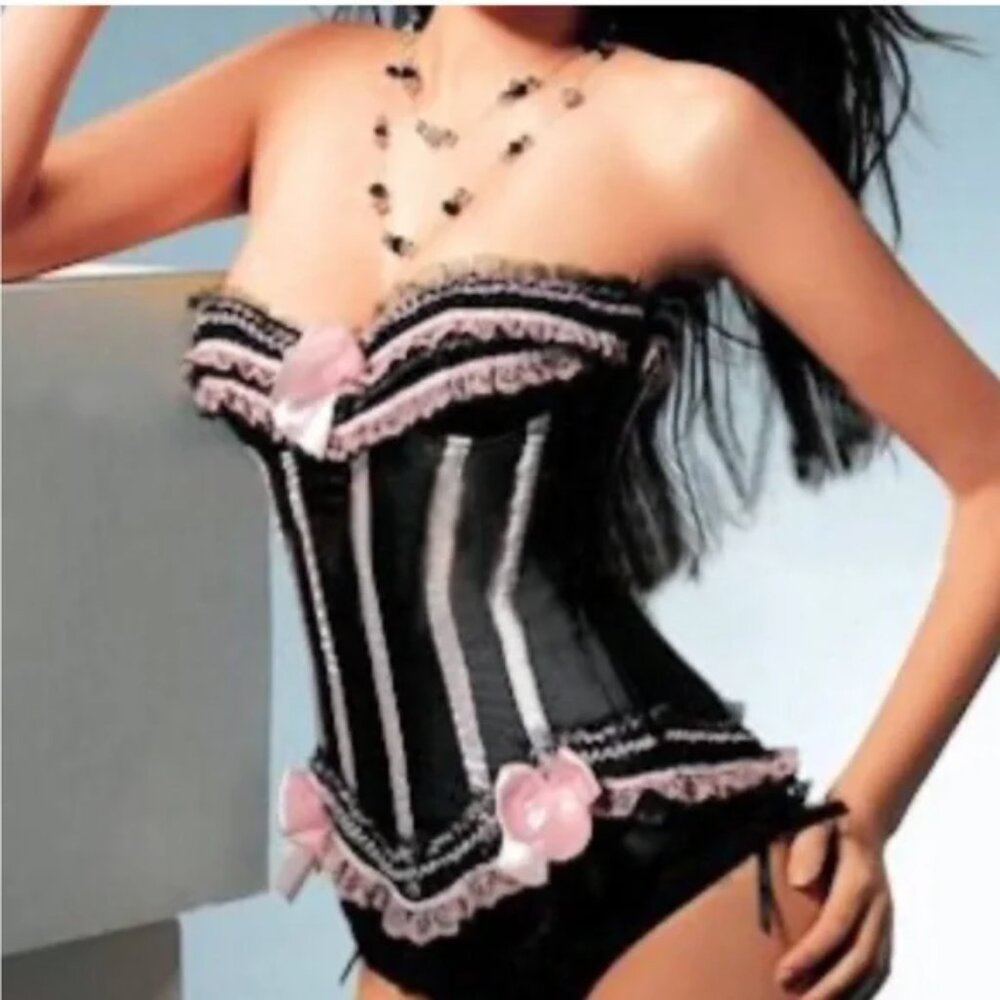 Black Pink Ruffled Corset Panty Set - Med - NEW